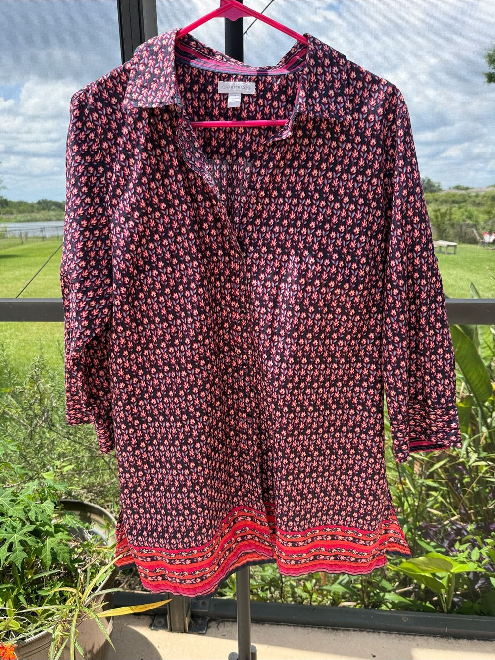 Charter Club Navy and Pink Floral Button-Front Swim Coverup Tunic